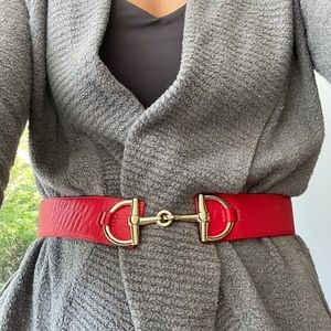 B- Low The Belt Red Horsebit Gold Buckle Belt